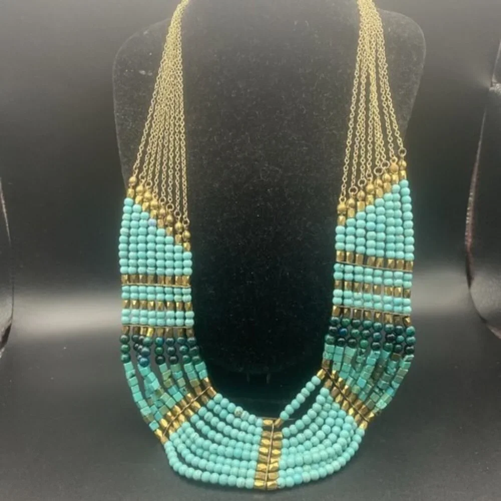 Nakamol Signed Necklace Layered Natural Stone Turquoise Bib Gold Bead Anthro SW - Picture 1 of 11